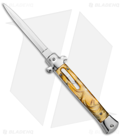 11" Stiletto OTF Automatic Knife Yellow Acrylic (4.8" Satin) Dagger w/o Clip