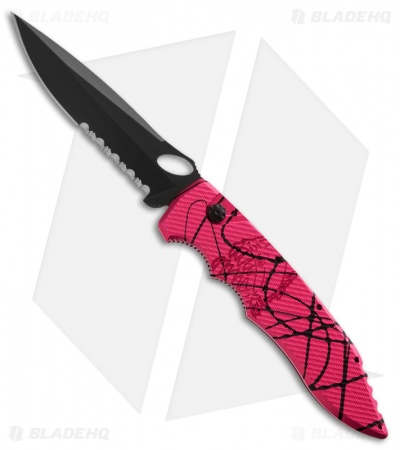 Piranha Mini Predator Tactical Automatic Knife Pink Aluminum (3.5" Black Serr)