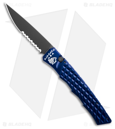 Piranha Crossfire Automatic Knife Blue Aluminum (3.1" Black Serrated) P-23BTS