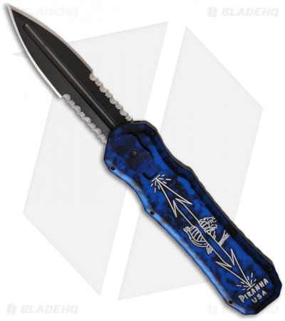 Piranha Excalibur OTF Knife Blue Double Action Automatic (3.2" Black Serr)