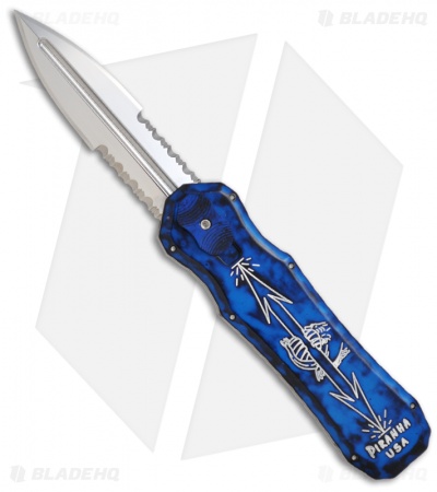 Piranha Blue Excalibur OTF Knife Double Action Automatic (3.2" Stonewash Serr)