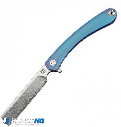 Artisan Cutlery Orthodox Frame Lock Knife Blue Titanium (3.75" Damascus)