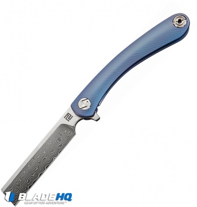Artisan Cutlery Small Orthodox Frame Lock Knife Blue Ti (2.75" Damascus)