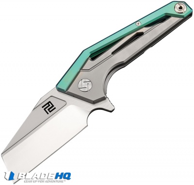 Artisan Cutlery Ravine Frame Lock Knife Green/Gray Ti (3" Satin Bohler M390)