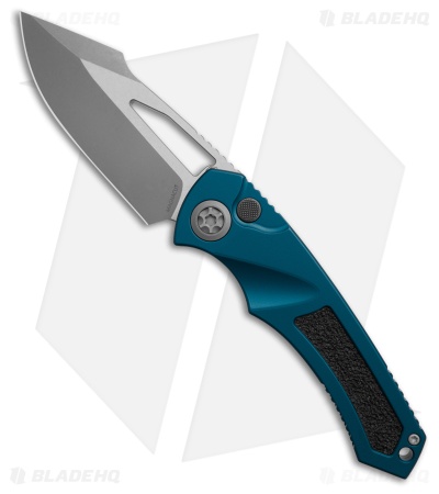 Heretic Knives Pariah Manual Button Lock Knife Blue Aluminum (3.8" Battleworn)