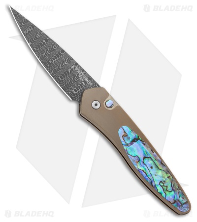 Pro-Tech Newport Custom Automatic Knife Bronze Ti w/ Abalone (3" Damascus)