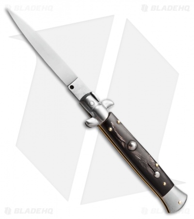 Frank B 9" Italian Stiletto Automatic Knife Sim. Dark Horn (4" Satin Flat)