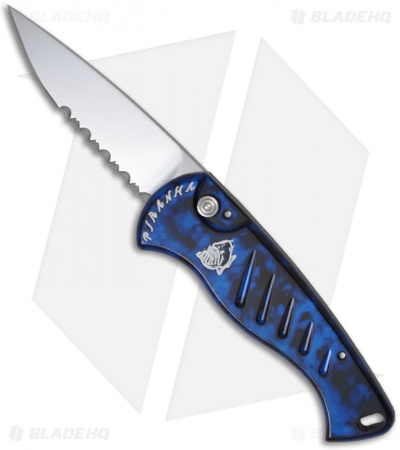 Piranha Fingerling Automatic Knife w/ Blue Handle (2.5" Mirror Serr)