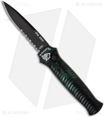 Piranha Mini-Guard Automatic Knife Green Aluminum (2.9" Black Serr)