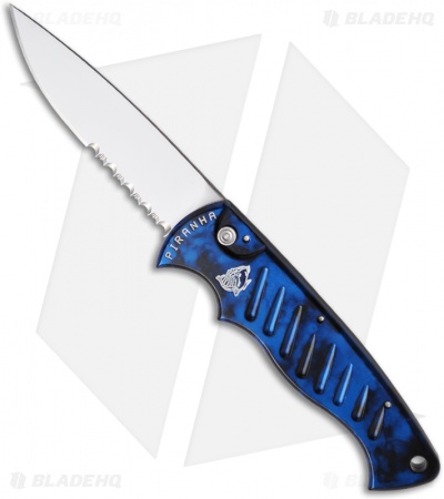 Piranha Blue P-1 Pocket Automatic Knife (3.2" Mirror Serr)