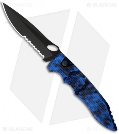 Piranha Mini Predator Blue Tactical Automatic Knife (3.5" Black Serr)